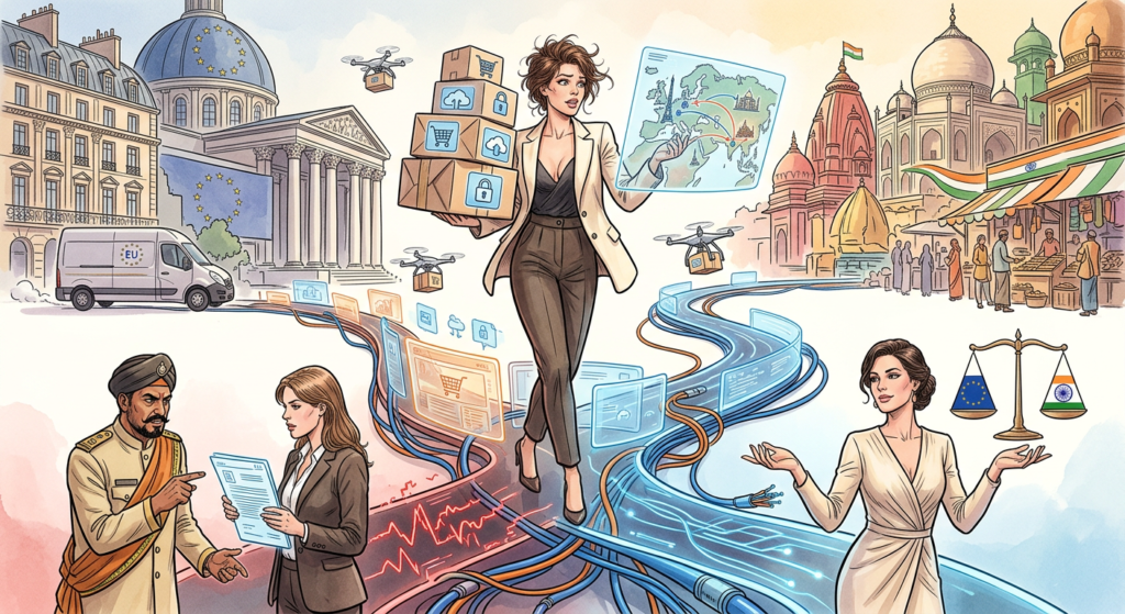 Illustration de l'article Commerce numérique UE–Inde : cybersécurité, données, confiance en ligne et prévention des litiges – Le guide stratégique pour les entrepreneurs
